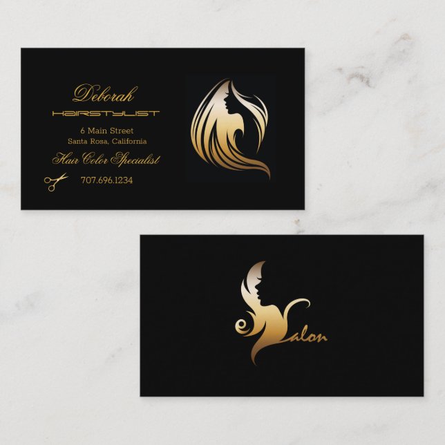 Hairstylist Black & Gold Lady Hair Silhouette  Business Card (Front/Back)