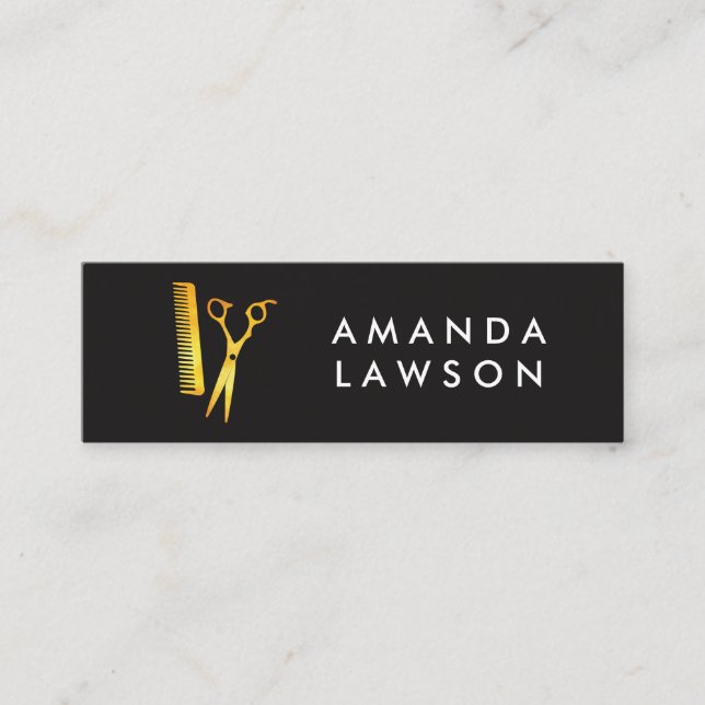Hairstylist Chic Shears and Comb Golden Mini Business Card (Front)