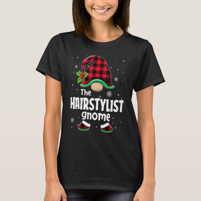 Hairstylist Gnome Buffalo Plaid Christmas Matching T-Shirt (Front)