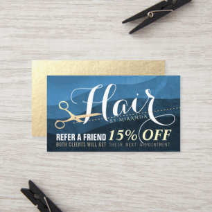 Hairstylist Hairdresser Blue Gold Scissor Referral Card