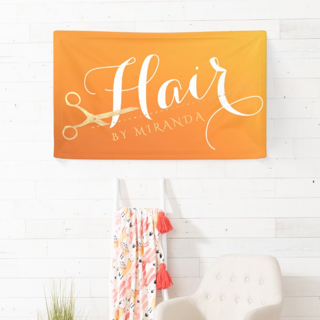 Hairstylist Makeup Salon Chic Orange Gold Scissors Banner (Insitu)