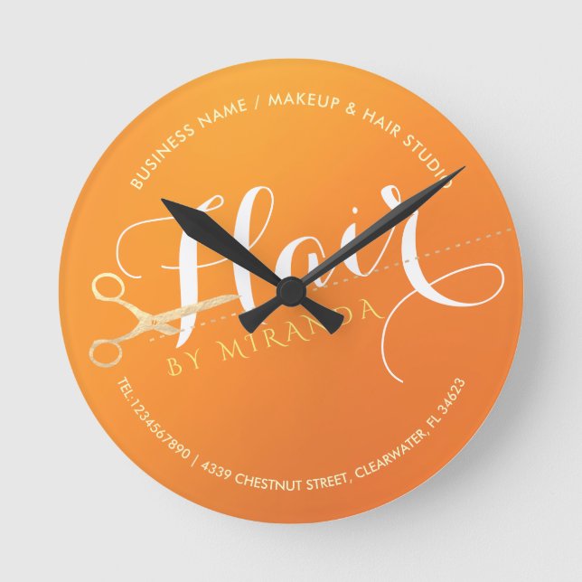 Hairstylist Makeup Salon Chic Orange Gold Scissors Round Clock (Front)