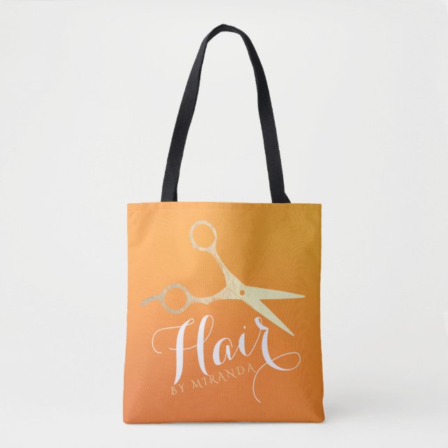 Hairstylist Makeup Salon Chic Orange Gold Scissors Tote Bag (Front)