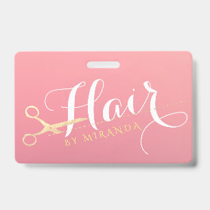 Hairstylist Makeup Salon Modern Pink Gold Scissors Badge