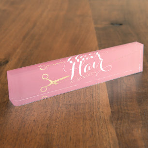 Hairstylist Makeup Salon Modern Pink Gold Scissors Nameplate