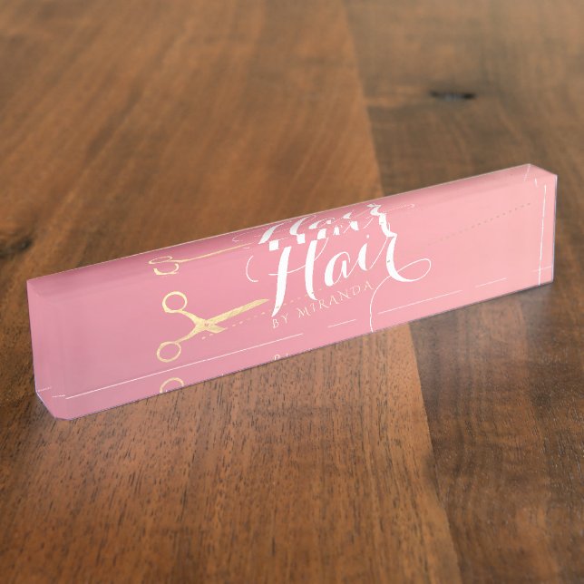 Hairstylist Makeup Salon Modern Pink Gold Scissors Nameplate (Side)