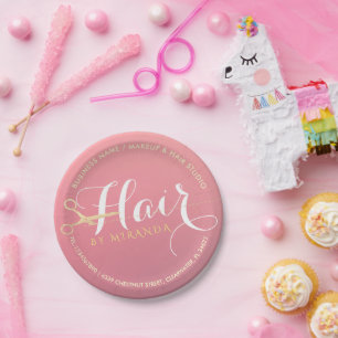 Hairstylist Makeup Salon Modern Pink Gold Scissors Paper Plate