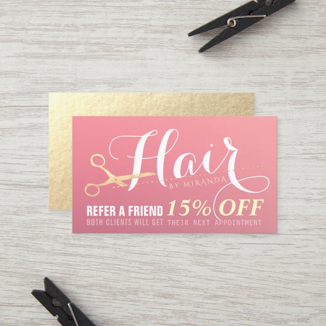 Hairstylist Makeup Salon Modern Pink Gold Scissors Referral Card (Front/Back In Situ)