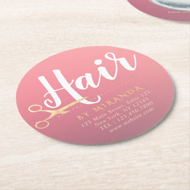 Hairstylist Makeup Salon Modern Pink Gold Scissors Round Paper Coaster (Angled)