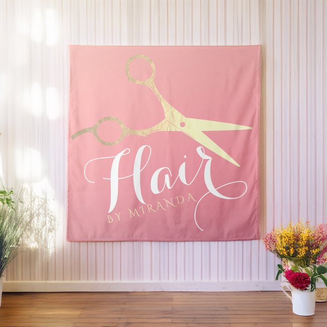 Hairstylist Makeup Salon Modern Pink Gold Scissors Tapestry (Creator Uploaded)