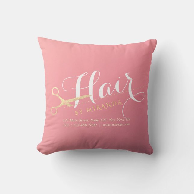 Hairstylist Makeup Salon Modern Pink Gold Scissors Throw Pillow (Front)