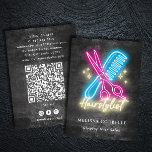 Hairstylist Neon Glow & Black Grunge QR Code Business Card