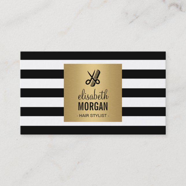 Hairstylist Retro Black White Stripes Gold Square Business Card (Front)