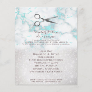 hairstylist scissors on teal marble flyer