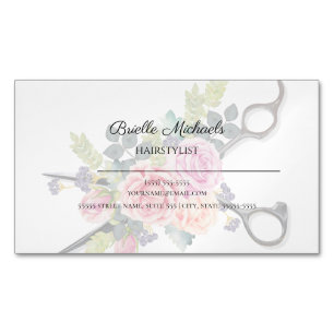 Hairstylist Soft Floral With Haircutting Shears Magnetic Business Card