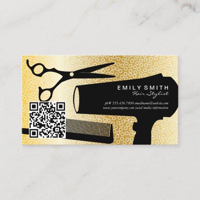 Hairstylist Tools | Gold Circle Pattern  | QR Code Appointment Card (Front)