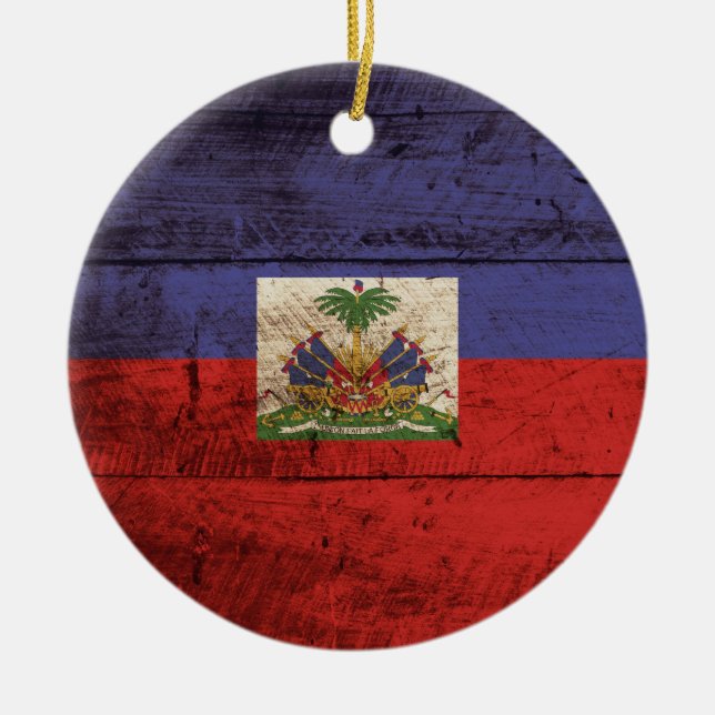 Haiti Flag on Old Wood Grain Ceramic Ornament (Front)