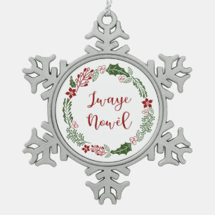 Haitian Creole Merry Christmas Wreath Jwaye Nowèl Snowflake Pewter Christmas Ornament