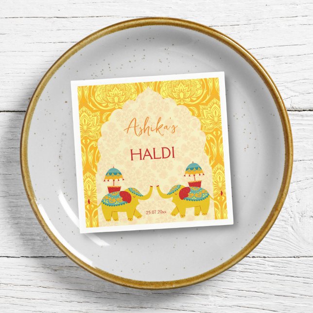 Haldi Indian wedding elephants yellow  Napkin (Haldi napkins yellow jolly Indian wedding cute elephants arch border yellow pattern background)