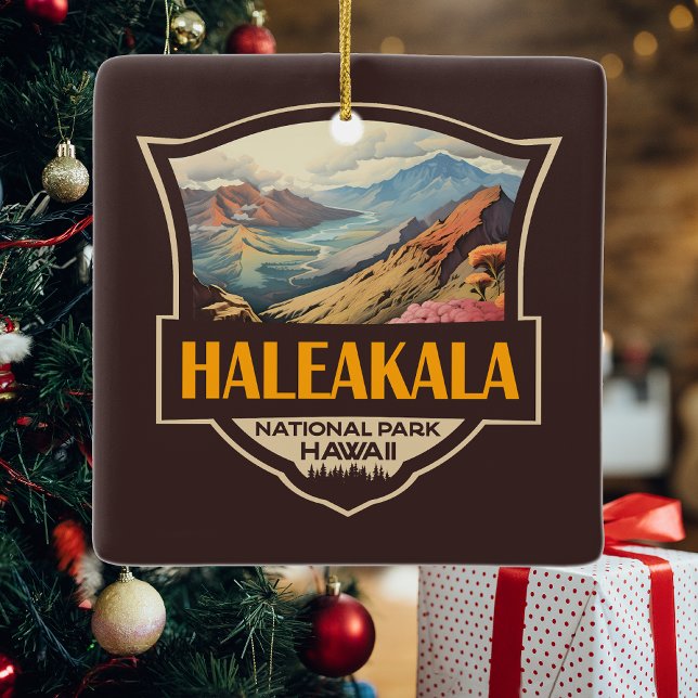 Haleakala National Park Illustration Retro Badge Ceramic Ornament (Creator Uploaded)