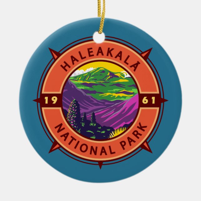 Haleakala National Park Retro Compass Emblem Ceramic Ornament (Front)
