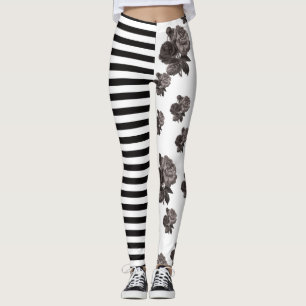 Half and Half Stripe Rose Black and White Floral Leggings