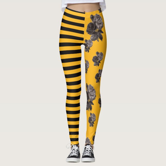 Half and Half Stripe Rose Floral Black and Gold Leggings (Front)