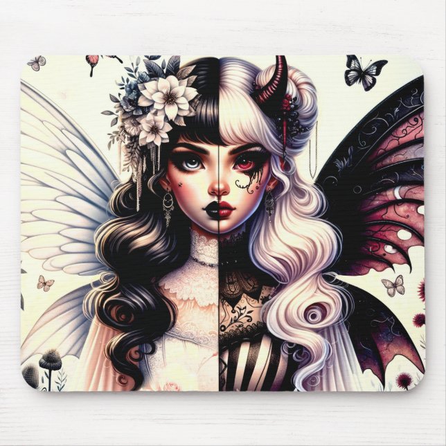 Half Angel Devil Dark Beauty Broken Wing Fairy  Mouse Pad (Front)