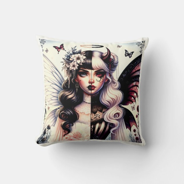 Half Angel Devil Dark Beauty Broken Wing Fairy  Throw Pillow (Front)