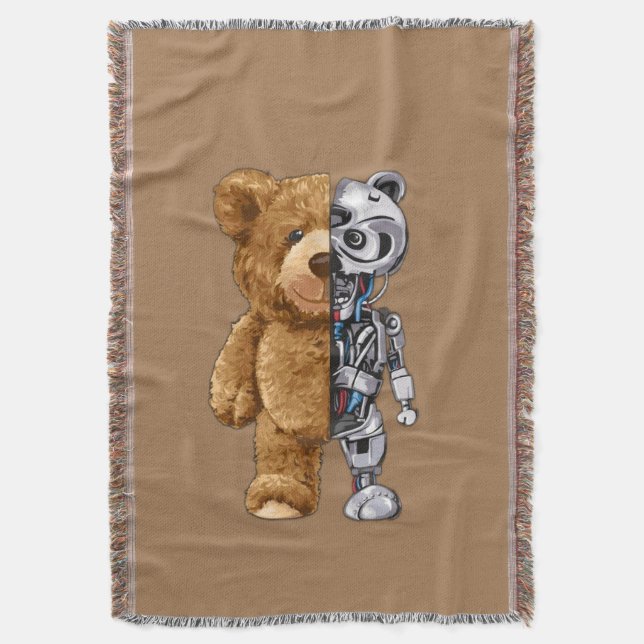 Half Bear Half Robot Throw Blanket (Front Vertical)