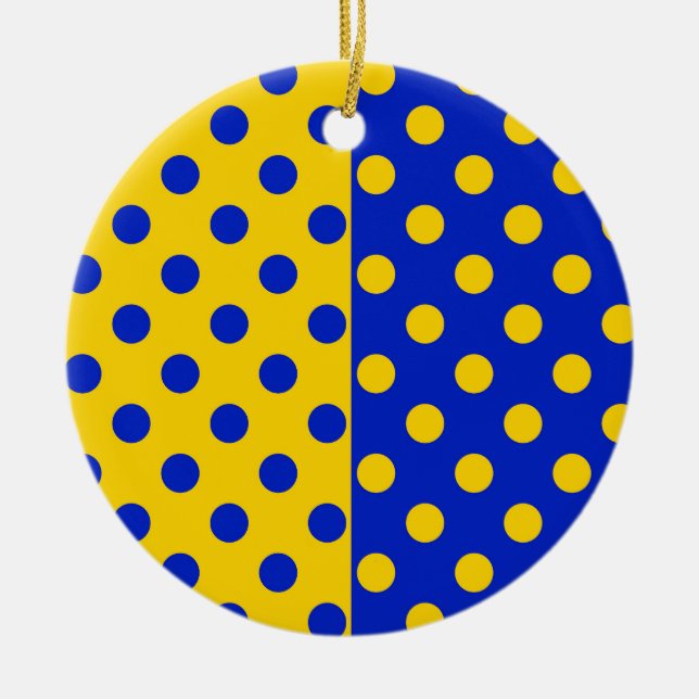 Half Blue Yellow Polka Dots Pattern Design  Ceramic Ornament (Front)