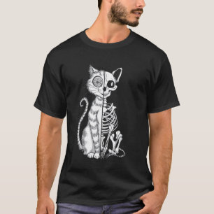 Half Cat, Half Skeleton Halloween Illustration T-Shirt