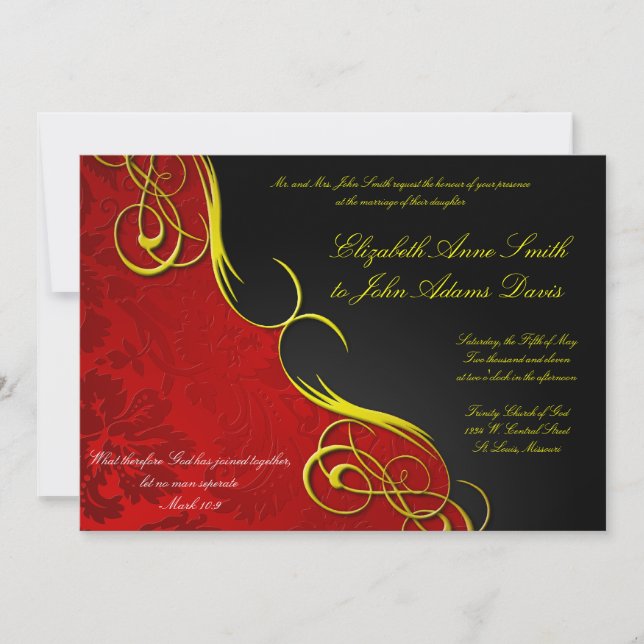 Half Damask Red/Black Wedding Invitation (Front)