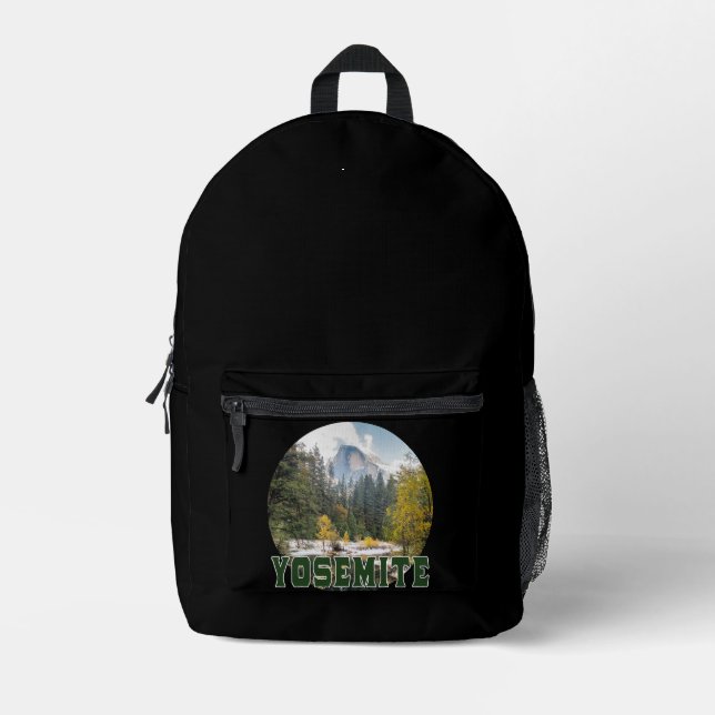 Half Dome in Autumn, with "Yosemite" text`` Printed Backpack (Front)