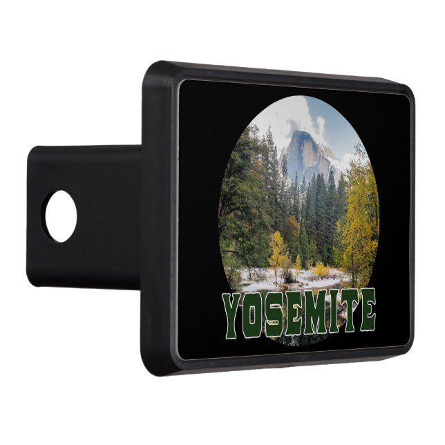 Half Dome in Autumn, with "Yosemite" text Trailer Hitch Cover (Right)