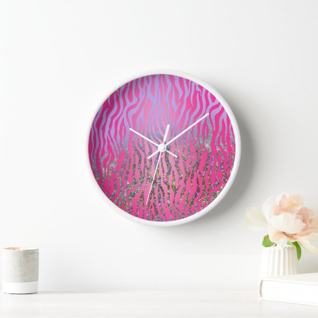 Half Glitter Pink Tiger Print Clock (Home)