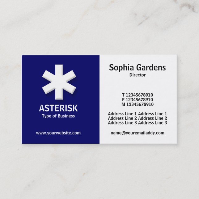 Half & Half (asterisk)- Dark Blue and White Business Card (Front)