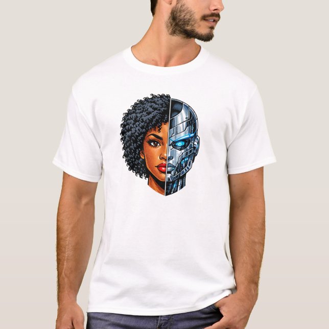 Half Human Half Cyborg Face | Futuristic AI Sci-Fi T-Shirt (Front)