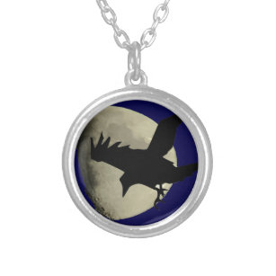 Half Moon With Flying Raven Crow Silhouette  Silver Plated Necklace