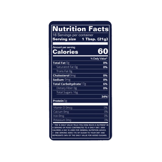 Half Pint Honey Nutrition Facts Dark Blue Food Label (Front)
