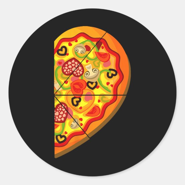 Half Pizza Cute Hearts Shape Matching Couple Valen Classic Round Sticker (Front)