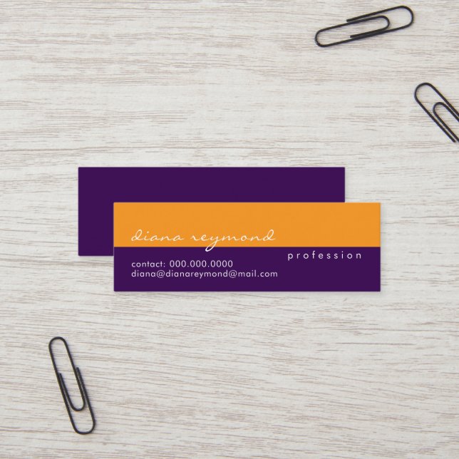 Half-purple half-orange simple and modern  mini business card (Front/Back In Situ)