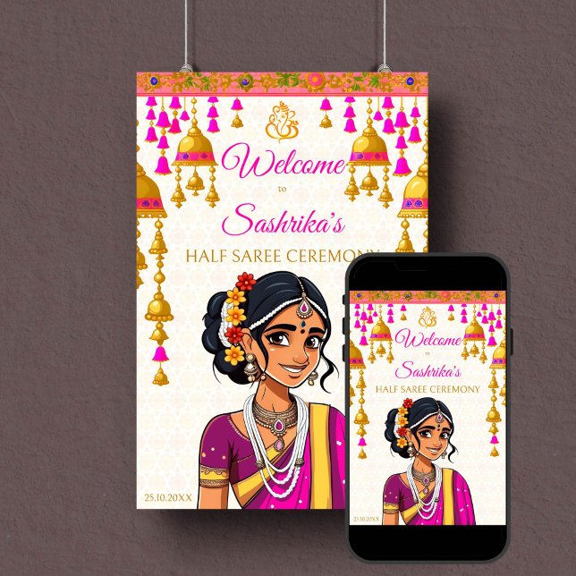 Half Saree ceremony cute Indian girl welcome sign (Half saree ceremony welcome sign poster instant download cute Indian girl cerise gold bells Ganesha)