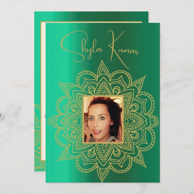 Half Saree Ceremony Hindu Indian Green Gold Invitation (Front/Back)