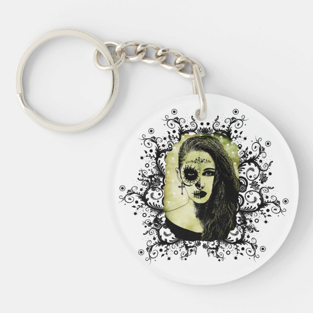 Half Skull Girl Face Day Of The Dead art  Keychain (Front)