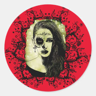 Half Skull Girl Face Day Of The Dead goth art Classic Round Sticker