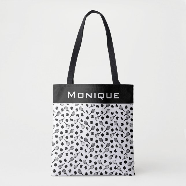 Half Tennis Balls & Rackets Personalized Add Name Tote Bag (Front)