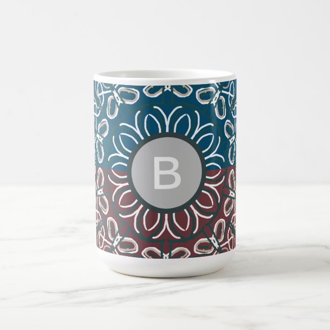 Half Toned Trendy Blue Mauve Laced Monogram Coffee Mug (Center)