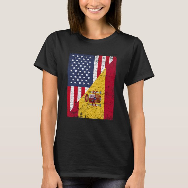 Half USA Flag Half Spain Flag American Spanish T-Shirt (Front)
