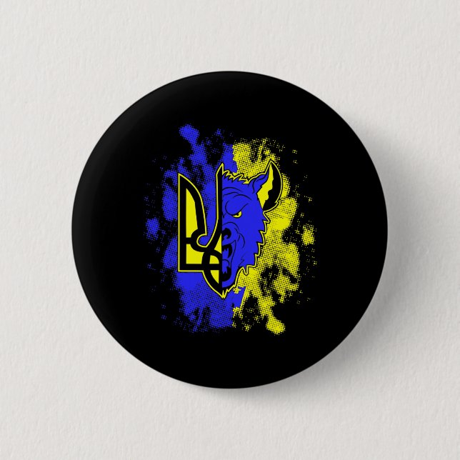 Half Wolf Half Ukraine Tryzub Ukrainian Symbol And 2 Inch Round Button (Front)